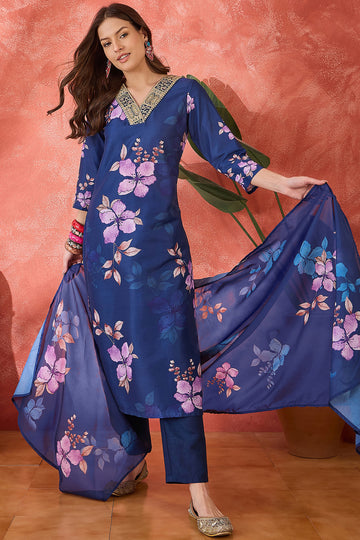 Womens Dark Blue Cotton Blend Floral Printed Ankle Length Straight Kurta And Pant With Dupatta Set