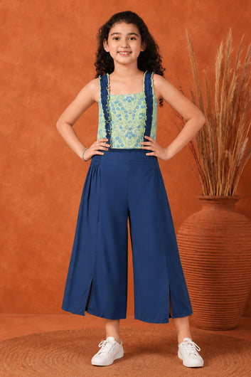 Girls Light Green Crepe Foral Printed Crop Top With Palazzo Set