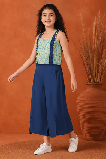 Girls Light Green Crepe Foral Printed Crop Top With Palazzo Set