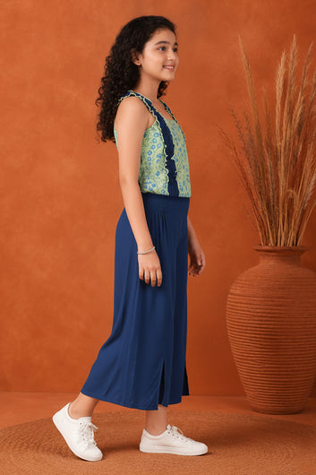 Girls Light Green Crepe Foral Printed Crop Top With Palazzo Set
