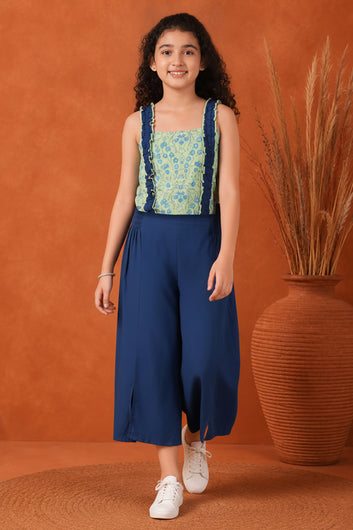 Girls Light Green Crepe Foral Printed Crop Top With Palazzo Set