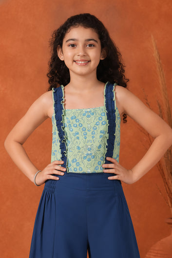 Girls Light Green Crepe Foral Printed Crop Top With Palazzo Set