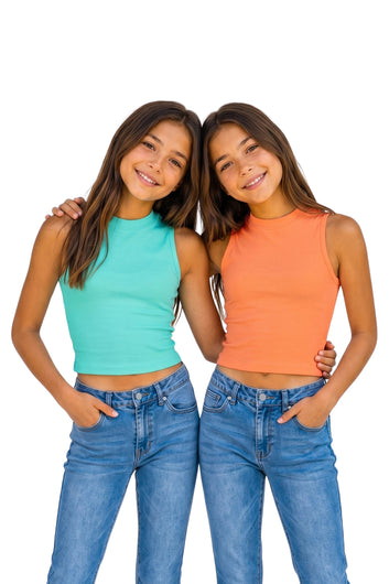 Girls Muticolor Rib Solid, Crew Neck Combo Crop Top Girls Causal Top