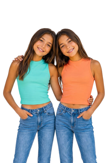 Girls Muticolor Rib Solid, Crew Neck Combo Crop Top Girls Causal Top