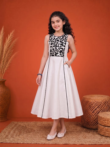 Girls Off White Cotton Blend Sleeveless Embroidered Girls Casual Calf length Dress
