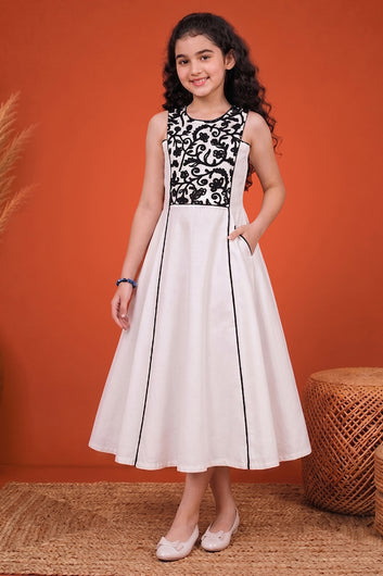 Girls Off White Cotton Blend Sleeveless Embroidered Girls Casual Calf length Dress