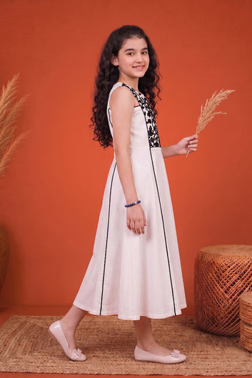 Girls Off White Cotton Blend Sleeveless Embroidered Girls Casual Calf length Dress