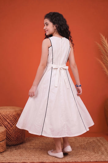 Girls Off White Cotton Blend Sleeveless Embroidered Girls Casual Calf length Dress