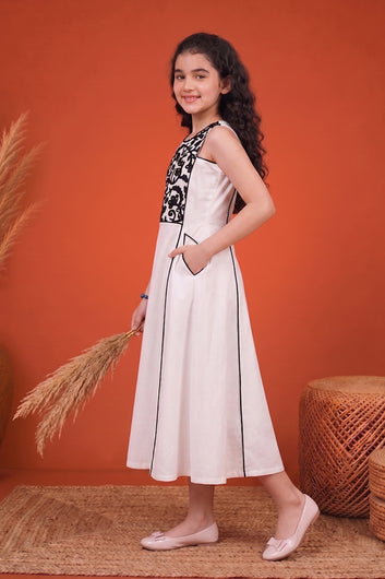 Girls Off White Cotton Blend Sleeveless Embroidered Girls Casual Calf length Dress