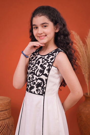 Girls Off White Cotton Blend Sleeveless Embroidered Girls Casual Calf length Dress