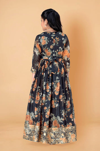 Girls Black Tabby Silk Floral Printed Maxi length Dress