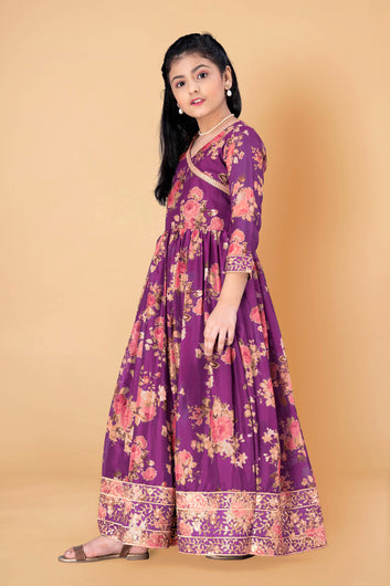 Girls Purple Tabby Silk Floral Printed Maxi length Dress