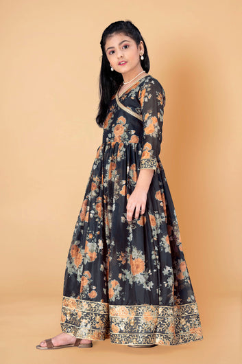 Girls Black Tabby Silk Floral Printed Maxi length Dress