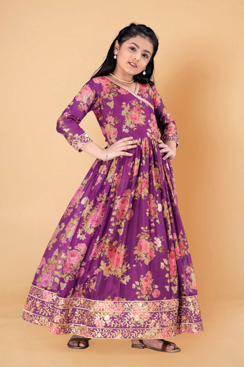 Girls Purple Tabby Silk Floral Printed Maxi length Dress