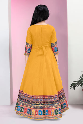 Girls Mustard Crepe Silk Digital Printed Fit & Flare Maxi Length Dress