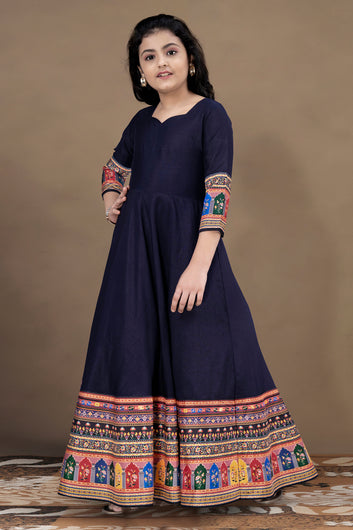 Girls Navy Blue Crepe Silk Digital Printed Fit & Flare Maxi Length Dress