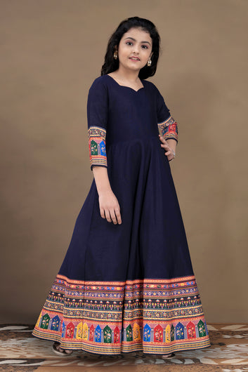 Girls Navy Blue Crepe Silk Digital Printed Fit & Flare Maxi Length Dress