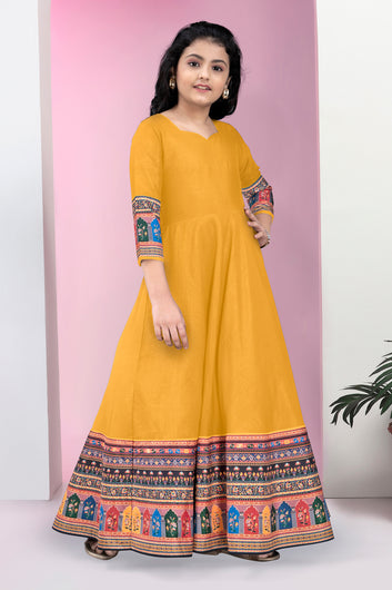 Girls Mustard Crepe Silk Digital Printed Fit & Flare Maxi Length Dress