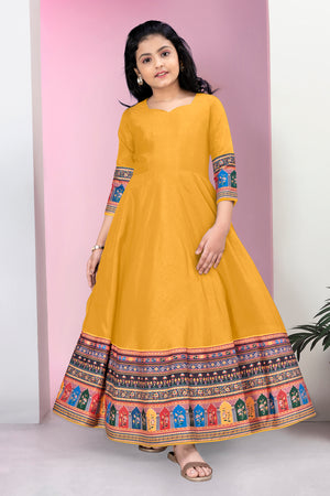 Girls Mustard Crepe Silk Digital Printed Fit & Flare Maxi Length Dress
