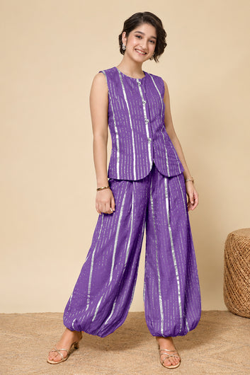 Girls Purple Cotton Striped Top and Balloon Pant Set Trendy Girls Apparel Combo