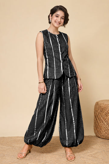 Girls Black Cotton Striped Top and Ballon Pant Set Trendy Girls Clothing Set