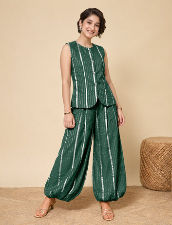 Girls Green Cotton Striped Top and Balloon Pant Set Trendy Girls Co Ords Set