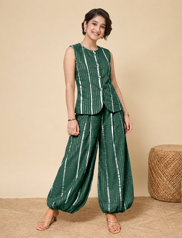 Girls Green Cotton Striped Top and Ballon Pant Set Trendy Girls Co Ords Set