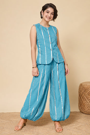 Girls Sky Blue Cotton Striped Top and Balloon Pant Set Trendy Kids Party Set