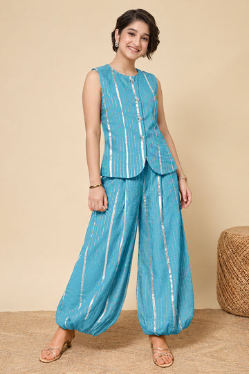 Girls Sky Blue Cotton Striped Top and Ballon Pant Set Trendy Kids Party Set