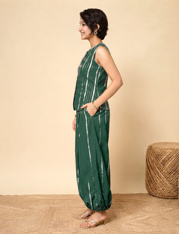 Girls Green Cotton Striped Top and Balloon Pant Set Trendy Girls Co Ords Set
