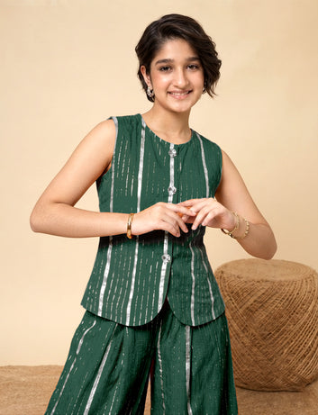 Girls Green Cotton Striped Top and Balloon Pant Set Trendy Girls Co Ords Set