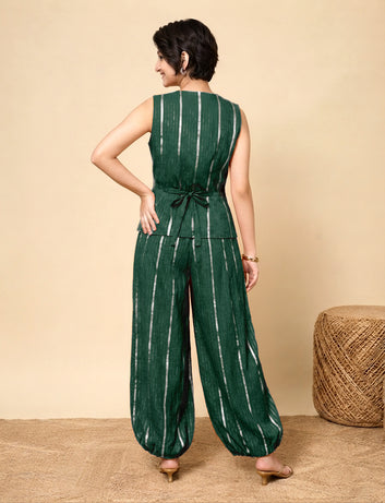 Girls Green Cotton Striped Top and Balloon Pant Set Trendy Girls Co Ords Set