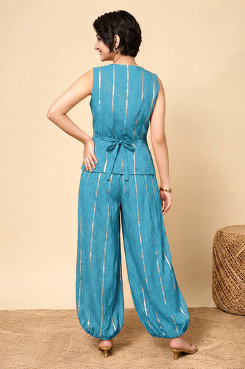 Girls Sky Blue Cotton Striped Top and Balloon Pant Set Trendy Kids Party Set