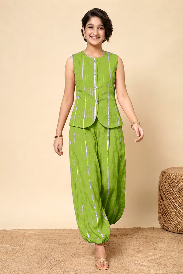 Girls Lime Cotton Striped Top and Balloon Pant Trendy Co-ord Set