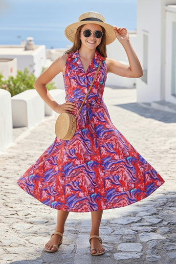 Girls Multicolor  Cotton Blend Abstact Printed Midi Dress