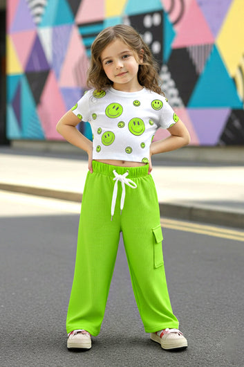 Girls Parrot Green Rib emblished Crop Top with trouser Sets