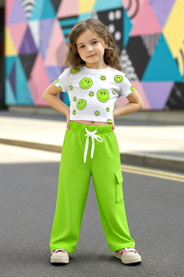 Girls Parrot Green Rib emblished Crop Top with trouser Sets