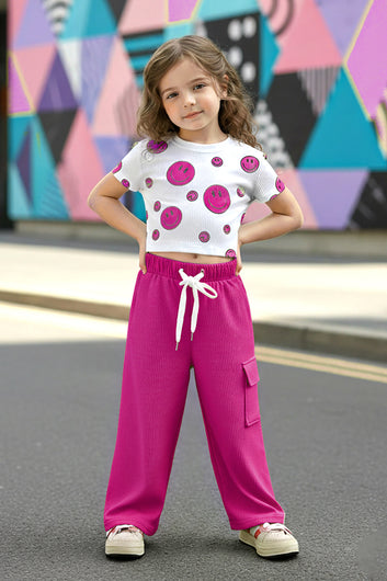 Girls Pink Rib Smile Printed Top And Pant Set
