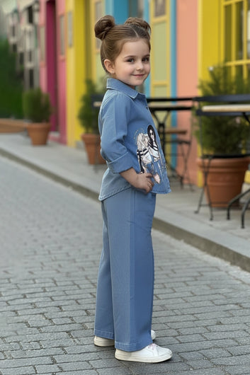 Girls Light Blue Denim Printed Shirt And Palazzo Pant Set