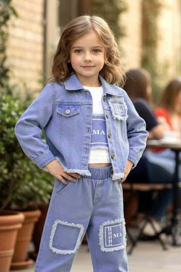 Girls Light Blue Denim T-Shirt, Pant And Jacket Set