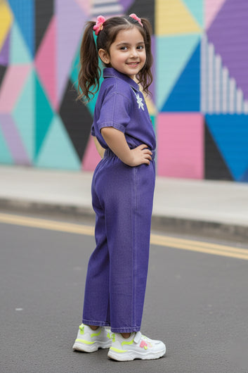 Girls Dark Blue patch detailed shirt And Pant Sets