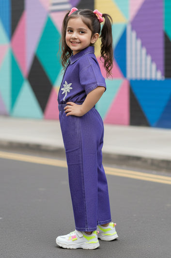 Girls Dark Blue patch detailed shirt And Pant Sets