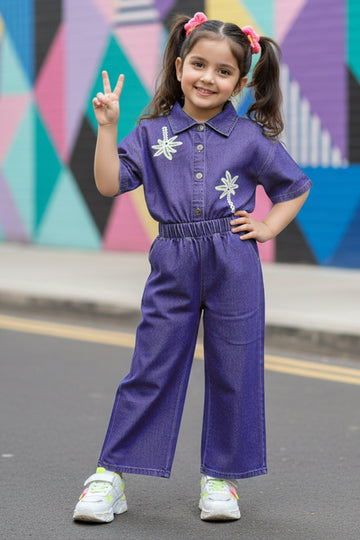 Girls Dark Blue patch detailed shirt And Pant Sets