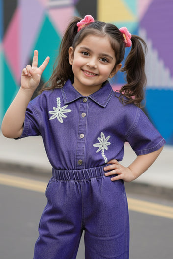 Girls Dark Blue patch detailed shirt And Pant Sets