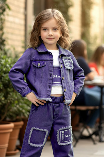 Girls Dark Blue Denim T-Shirt, Pant And Jacket Set