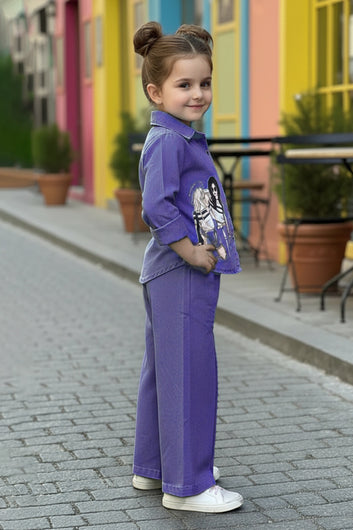 Girls Dark Blue Denim Printed Shirt And Palazzo Pant Set