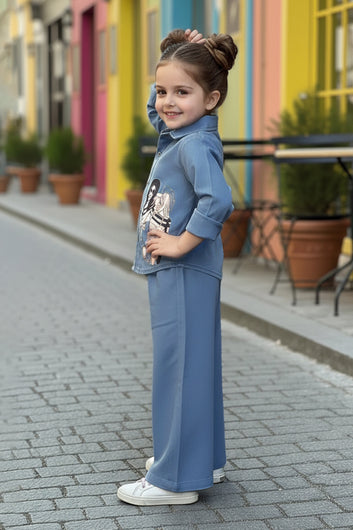 Girls Light Blue Denim Printed Shirt And Palazzo Pant Set