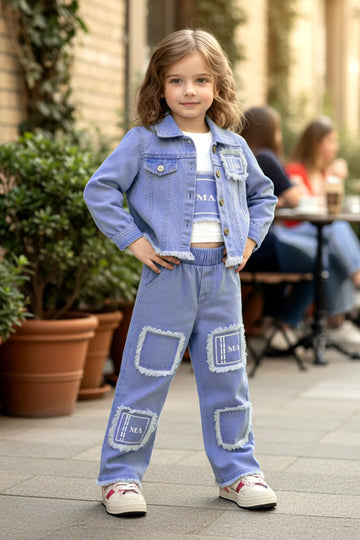 Girls Light Blue Denim T-Shirt, Pant And Jacket Set