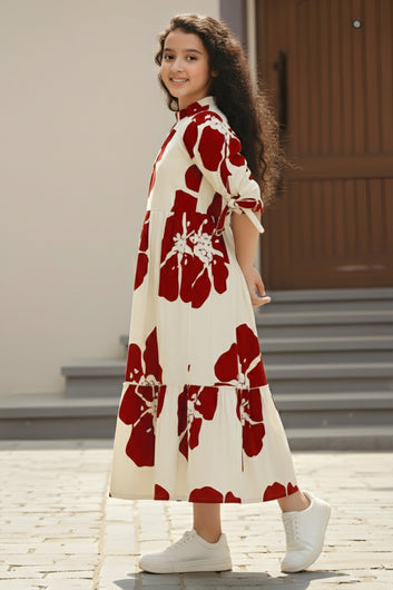 Girl's Red Rayon Floral Printed Midi Dress