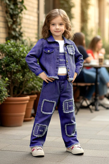 Girls Dark Blue Denim T-Shirt, Pant And Jacket Set